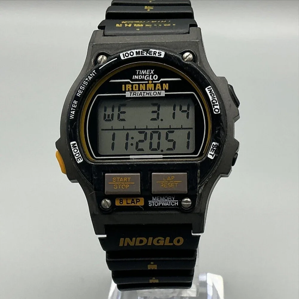 Vintage Timex Ironman Indiglo Mens Watch 39mm Black 8 Lap Alarm 100M Triathlon
